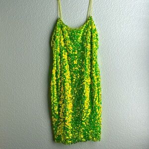 Fashion Nova Neon Green Sequin Embellished Midi Dress Size L